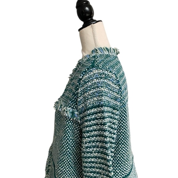 Chico’s Pacific Teal Structured Tweed Fringe Cardigan Jacket NWT Size 1 - Picture 8 of 16
